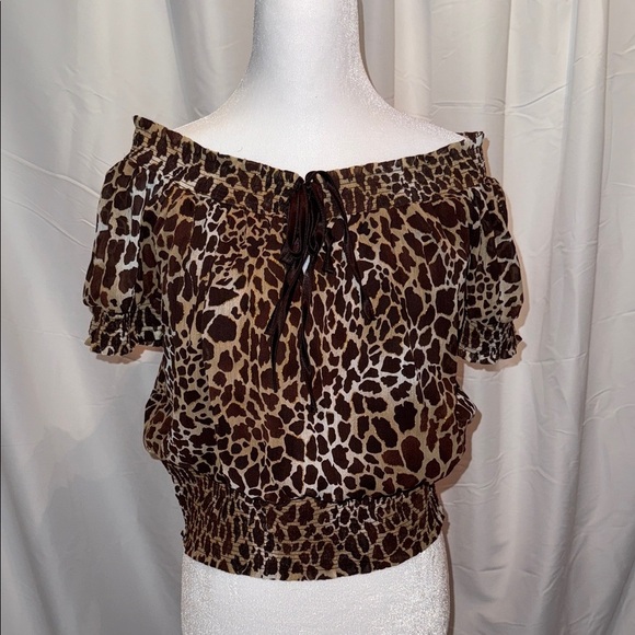 Candie's Brown Leopard Print Off-Shoulder Blouse - Picture 3 of 6